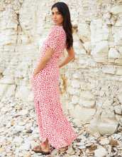 Load image into Gallery viewer, Women's Red Floral Ruched Waist Jersey Midi Dress with Pockets
