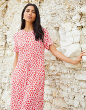Load image into Gallery viewer, Women's Red Floral Ruched Waist Jersey Midi Dress with Pockets
