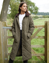 Load image into Gallery viewer, Women's Khaki Diamond Quilted Heritage Longline Barn Jacket with Removable Hood
